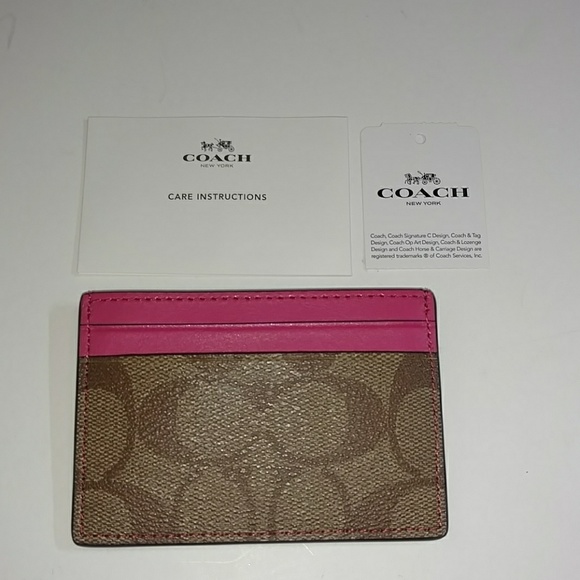 COACH SV/KHAKI/MAGENTA SIGNATURE PVC CARD CASE - Picture 2 of 8